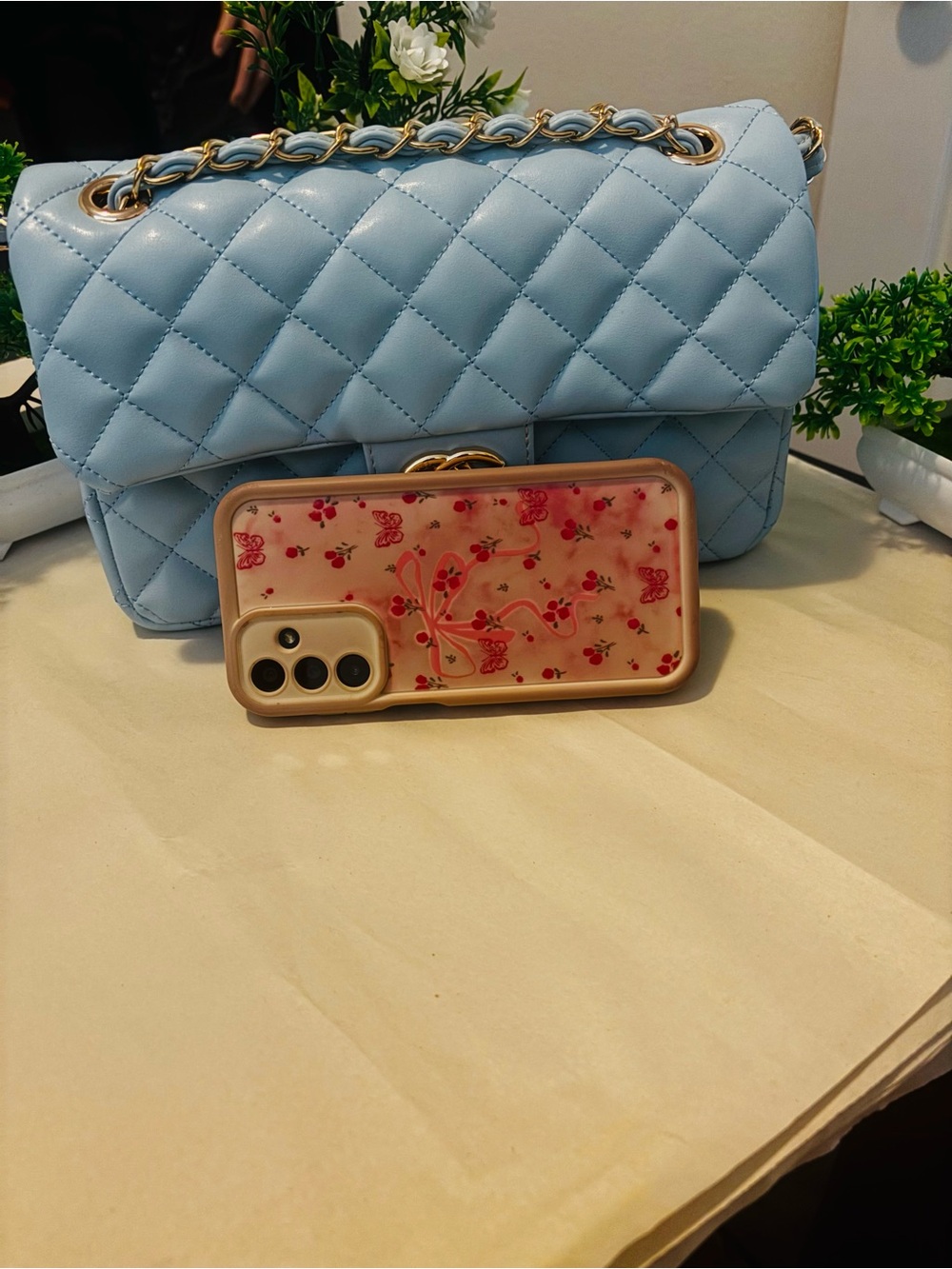 Quilted Light Blue Chain Shoulder Bag